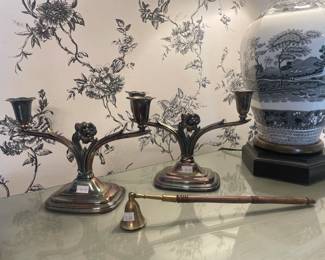 Silver plated tulip candle holders, Candle snuffer