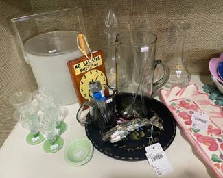 Abalone Fish Bottle Opener, Fioriware Scalloped Platter, Acrylic ice bucket, Smoke glass pitcher