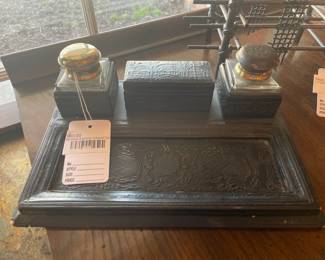 Antique Leather Inkwell Set