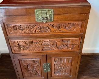 Asian Lift Up Storage Chest Carved 2 Drawer