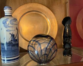 Vintage Dutch blue and white hand-painted, Delft bottle, glass ball with blue accent, Aztec blue glass statue