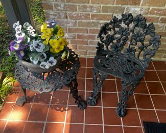 Antique Victorian Cast Iron Grapevine Leaves Patio Chair and Side Table