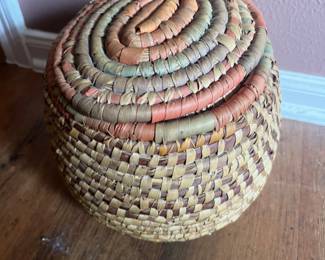Raffia Coiled Woven Basket with Lid from Saudi Arabia 