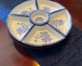 Vintage Chinese blue flower, porcelain snack tray with Lazy Susan 