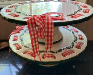 2 Christmas pedestal cake plates