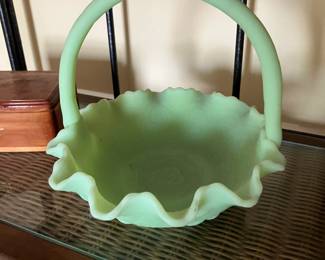 Green glass Fenton ruffled basket 