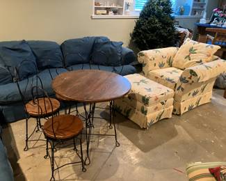 Antique ice cream table w 4 chairs, Overstuffed chair & ottoman with yellow floral upholstery, loveseat and sofa w/ denim slip covers