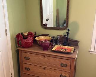 Antique 3-drawer chest, antique mirror w gilded frame, Orange Rooster pottery