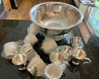 Large silverplate punch bowl with 12 cups