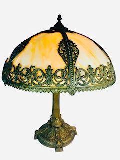 Early 1900s Salem Bros lamp Salem Brothers Slag Glass Shade Table Lamp 
Dome-shaped six-panel shade, floral overlay pattern, milky yellow glass panels, iron base with bronze-colored finish; two bulbs, two chain pulls; marked underside 'Salem Bros' 
Condition: Good, no chips or cracks noted; scattered age-typical wear to bronze-colored finish; working; we cannot guarantee the operation; not checked for replacement parts 
Height: 24.00 inches, Diameter: 16.00 inches 