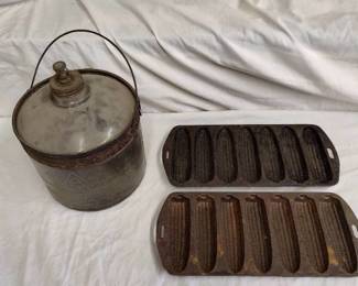 Cast Iron Cornbread Pans, Vintage Kerosene Glass Tank (cracked)