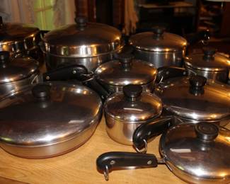 Copper Clad Revere Ware set in excellent condition. Additional pots, pan, steamers, etc. of various brands.
