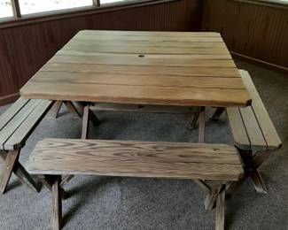 Wooden table with four benches (unattached)