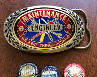 Very Cool Belt Buckle and Antique Happy Birthday Pins