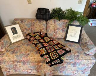 Crocheted blanket, vintage loveseat