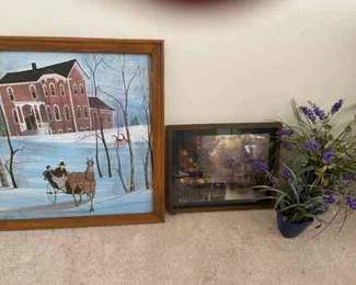 Two Puzzle Framed Pictures And Two Plants
