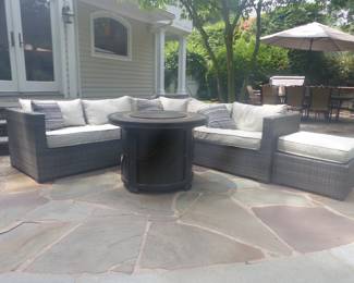 Outdoor all weather wicker sectional sofa, fire pit