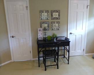 Petite desk, desk chair, wall hangings