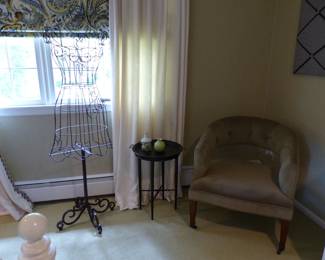 Metal dress form, chair, side table