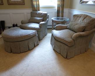 Pair of chairs, ottoman, round side table