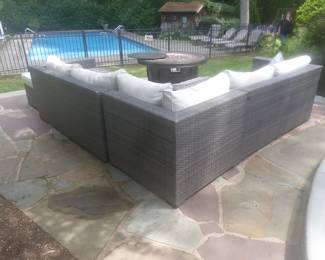 Outdoor all weather wicker sectional sofa, fire pit