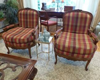 Pair of Bergere chairs, small side table, vases