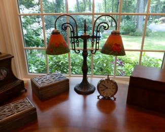 Kidney shaped desk, desk chair, lamp, bric-a-brac