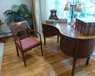 Kidney shaped desk, desk chair, lamp, bric-a-brac