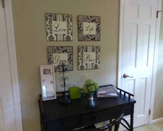 Petite desk, desk chair, wall hangings