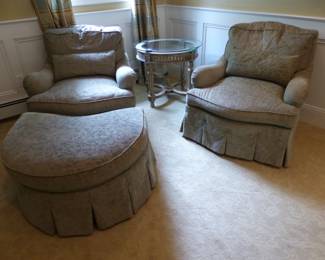 Pair of chairs, ottoman, round side table
