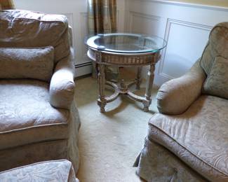 Pair of chairs, ottoman, round side table