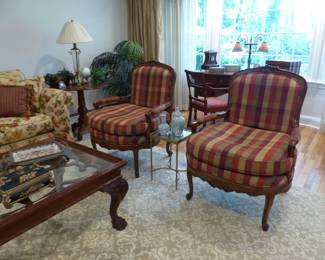 Pair of Bergere chairs, small side table, vases