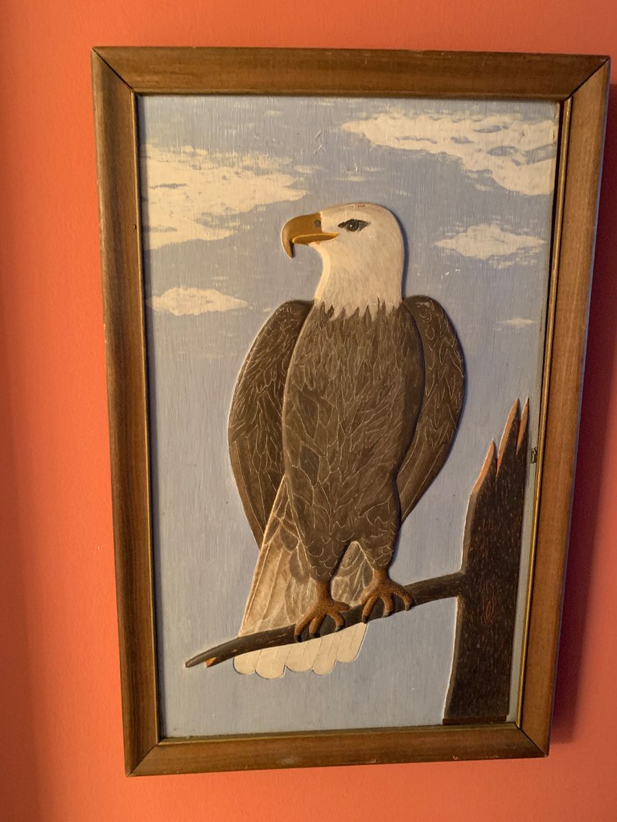 Large carved wood folk art eagle plaque, Fred Webber, 1942