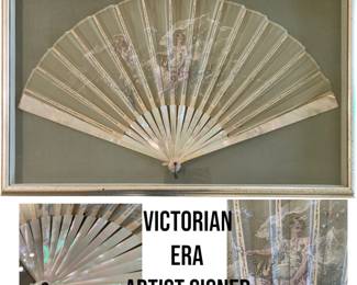 Superb Smoke gray lined Shadowbox framed Victorian era Mother of Pearl hand painted silk fan, artist signed, 25 1/2” x 16 1/2” x 1 3/4”.