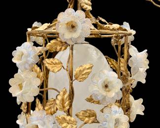 Outstanding Italian 17” x 13” Opalescent Glass Flower & gilded metal tole hanging lamp, 16’ metal chain and cord. 