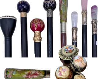 Antique to Vintage French Porcelain, Cameo Glass, Millefiori & Natural Stone dress canes