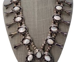 Superb Navajo Sterling Silver & Mother of Pearl Squash Blossom Necklace 