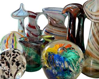 Rainbow hued Art Glass & Mid Century Murano Paperweights 