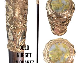 Victorian era Gold Nugget in Quartz bird embossed knob dress cane handle on modern exotic wood shaft