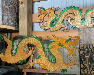 Taiwan Republic of China made wooden wall Dragons, from a long closed Mid Century era Oriental Restaurant 