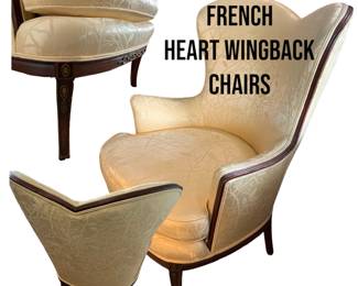 Superb pair of 1940s French heart rose branch jacquard Wingback Boudoir chairs - Exceptionally fine with carved apron, wood trim, upholstered back and supremely comfortable seat