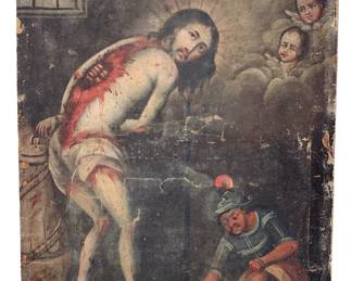  Ancient Gruesome Religious Italian Oil Painting on Linen over wood framing - old damage to areas of the linen and wood