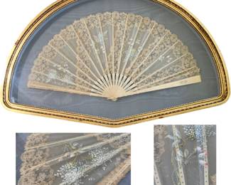 Huge 33 1/2” x 22” x 2 1/4” sky blue moire lined & gilded Shadowbox framed Victorian era hand painted silk hand fan, pierced sticks, artist signed. Personal note on the back with New York estate provenance. 