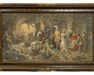 Antique hand embellished “Royal Wedding of Lohengrin”, signed Austrian Em  (Emanuel) Oberhauser, early gesso frame, wavy glass : 28 1/2” x 17 1/2”