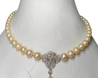 14k White Gold, Diamonds & Cultured Pearl Art Deco Necklace, Incredible! 