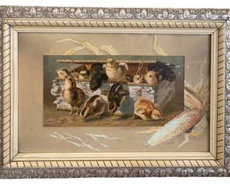 Victorian era Peeps litho with hand painted corn detail & gesso frame