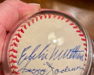 500 Home Run Club signed baseball with COA. Ball has 11 signatures including: Mickey Mantle, Hank Aaron,  Willie Mays, Reggie Jackson, Ernie Banks, Ted Williams, Eddie Matthews, Harmon Killebrew, Mike Schmidt, Willie McCovey, and Frank Robinson!
We will be taking offers on the ball at the register. 