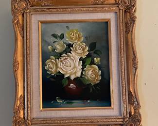 Yellow Rose Bouquet; framed oil painting