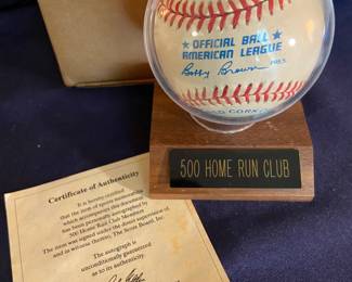 500 Home Run Club signed baseball with COA. Ball has 11 signatures including: Mickey Mantle, Hank Aaron,  Willie Mays, Reggie Jackson, Ernie Banks, Ted Williams, Eddie Matthews, Harmon Killebrew, Mike Schmidt, Willie McCovey, and Frank Robinson!
We will be taking offers on the ball at the register. 