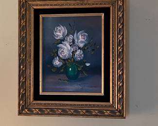 White Rose Bouquet; framed oil painting; by Garrian